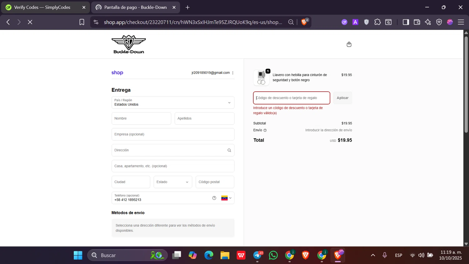 Buckle-Down promo code screenshot showing code F3CSHFNQ applied at Buckle-Down checkout page. Uploaded by SimplyCodes community member Toji_fushiguro on Oct 10, 2025