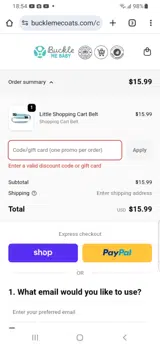 WELCOME15 coupon verification screenshot