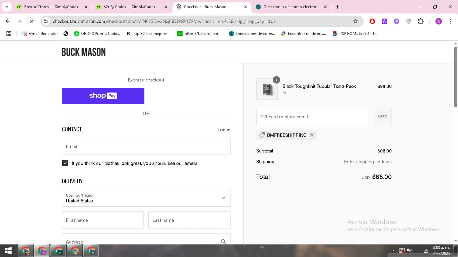 Buck Mason discount code screenshot showing code BMFREESHIPPING applied at Buck Mason checkout page. Uploaded by SimplyCodes community member ARCANGEL on Jul 24, 2025