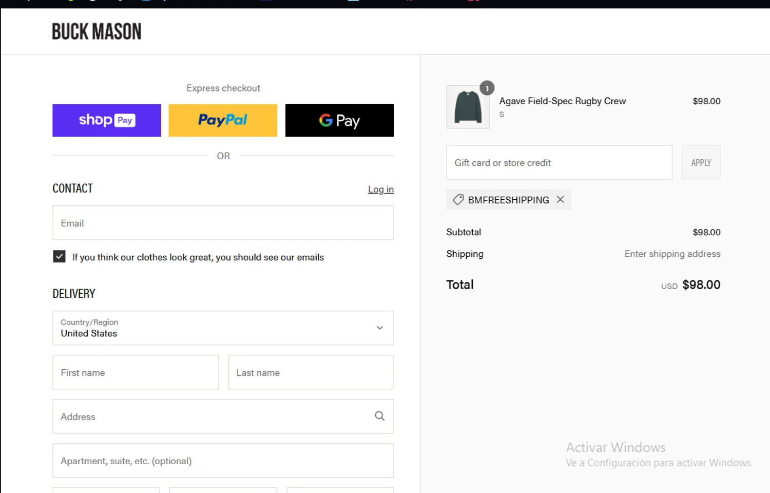 Buck Mason discount code screenshot showing code BMFREESHIPPING applied at Buck Mason checkout page. Uploaded by SimplyCodes community member Lestara_23 on Jul 28, 2025
