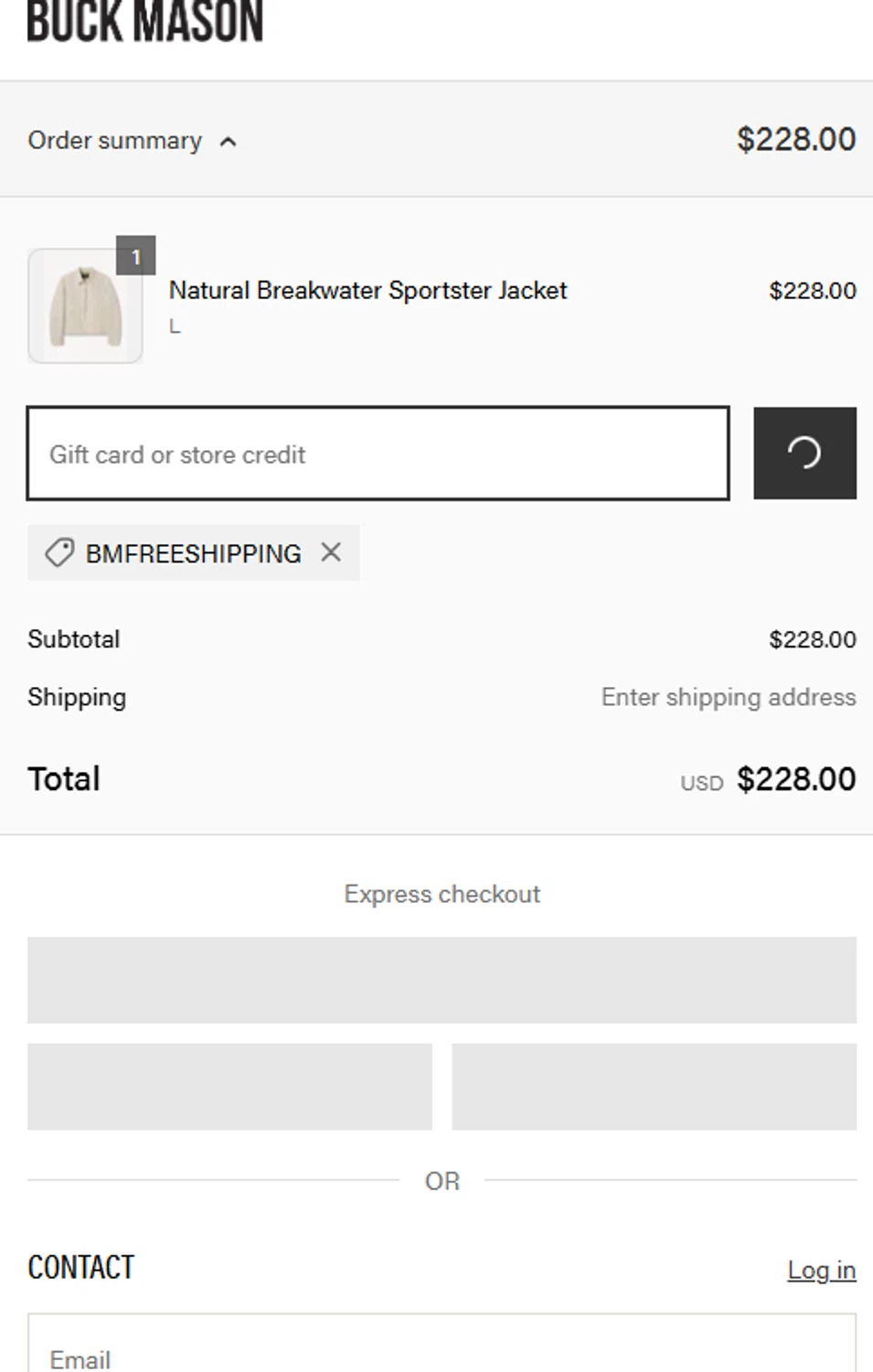 Buck Mason discount code screenshot showing code BMFREESHIPPING applied at Buck Mason checkout page. Uploaded by SimplyCodes community member CouponBoss1854 on Apr 14, 2025