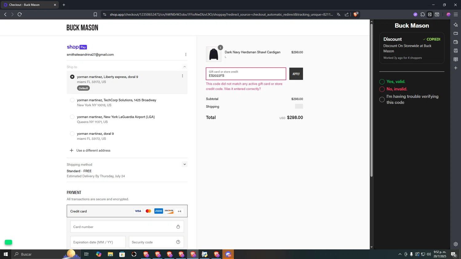 Buck Mason discount code screenshot showing code ES2022FS applied at Buck Mason checkout page. Uploaded by SimplyCodes community member CashSage1885 on Jul 21, 2025