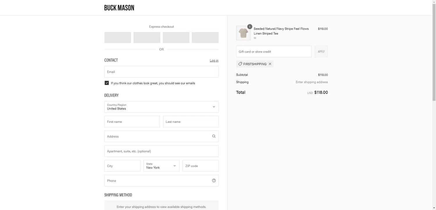 Buck Mason discount code screenshot showing code FIRSTSHIPPING applied at Buck Mason checkout page. Uploaded by SimplyCodes community member EpicEagle816 on Jun 26, 2025