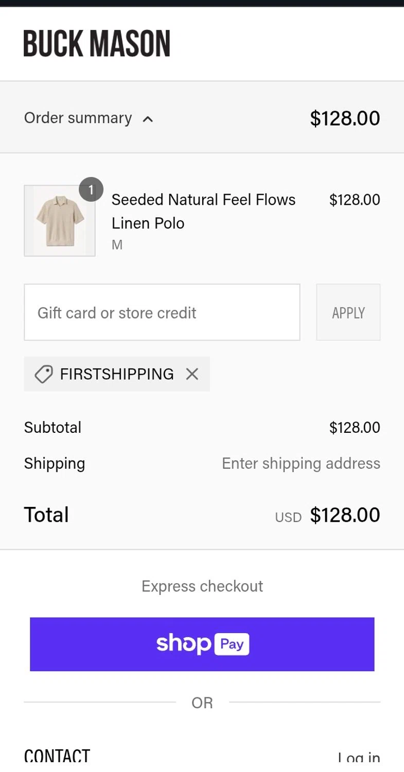 Buck Mason discount code screenshot showing code FIRSTSHIPPING applied at Buck Mason checkout page. Uploaded by SimplyCodes community member Josecaste on Jul 7, 2025