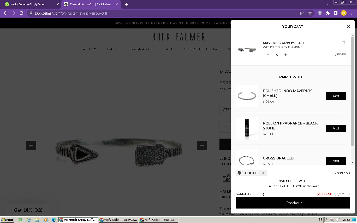 Buck Palmer Jewelry promo code screenshot showing code BUCK10 applied at Buck Palmer Jewelry checkout page. Uploaded by SimplyCodes community member kervinnavarro on Jun 15, 2025