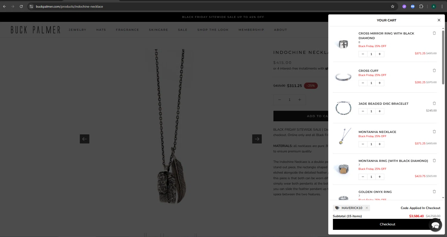 Buck Palmer Jewelry promo code screenshot showing code MAVERICK10 applied at Buck Palmer Jewelry checkout page. Uploaded by SimplyCodes community member CoinGuardian4017 on Nov 23, 2025