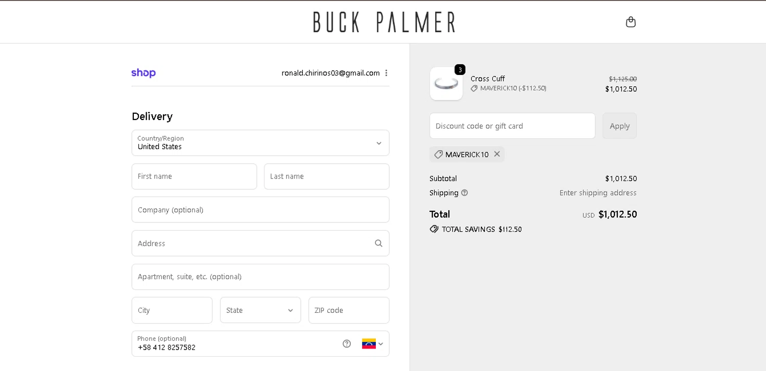 Buck Palmer Jewelry promo code screenshot showing code MAVERICK10 applied at Buck Palmer Jewelry checkout page. Uploaded by SimplyCodes community member alpha007 on Dec 4, 2025