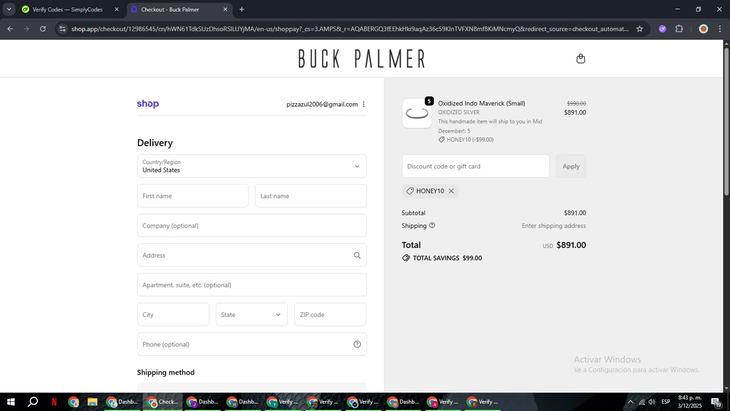 Buck Palmer Jewelry promo code screenshot showing code HONEY10 applied at Buck Palmer Jewelry checkout page. Uploaded by SimplyCodes community member BonusCaptain9927 on Dec 4, 2025