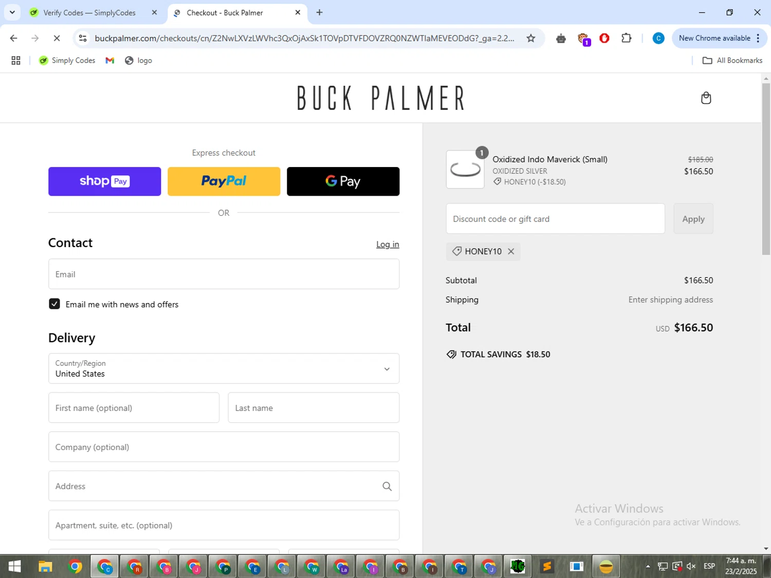 Buck Palmer Jewelry promo code screenshot showing code HONEY10 applied at Buck Palmer Jewelry checkout page. Uploaded by SimplyCodes community member ShrewdWhiz2806 on Feb 23, 2025