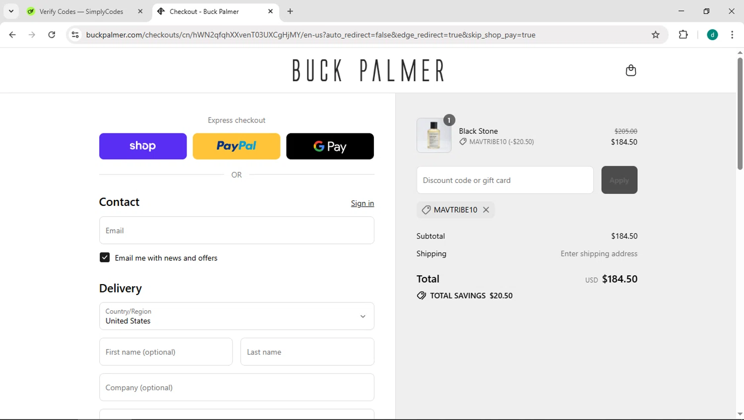 Buck Palmer Jewelry promo code screenshot showing code MAVTRIBE10 applied at Buck Palmer Jewelry checkout page. Uploaded by SimplyCodes community member HEROESCUDA on Sep 11, 2025
