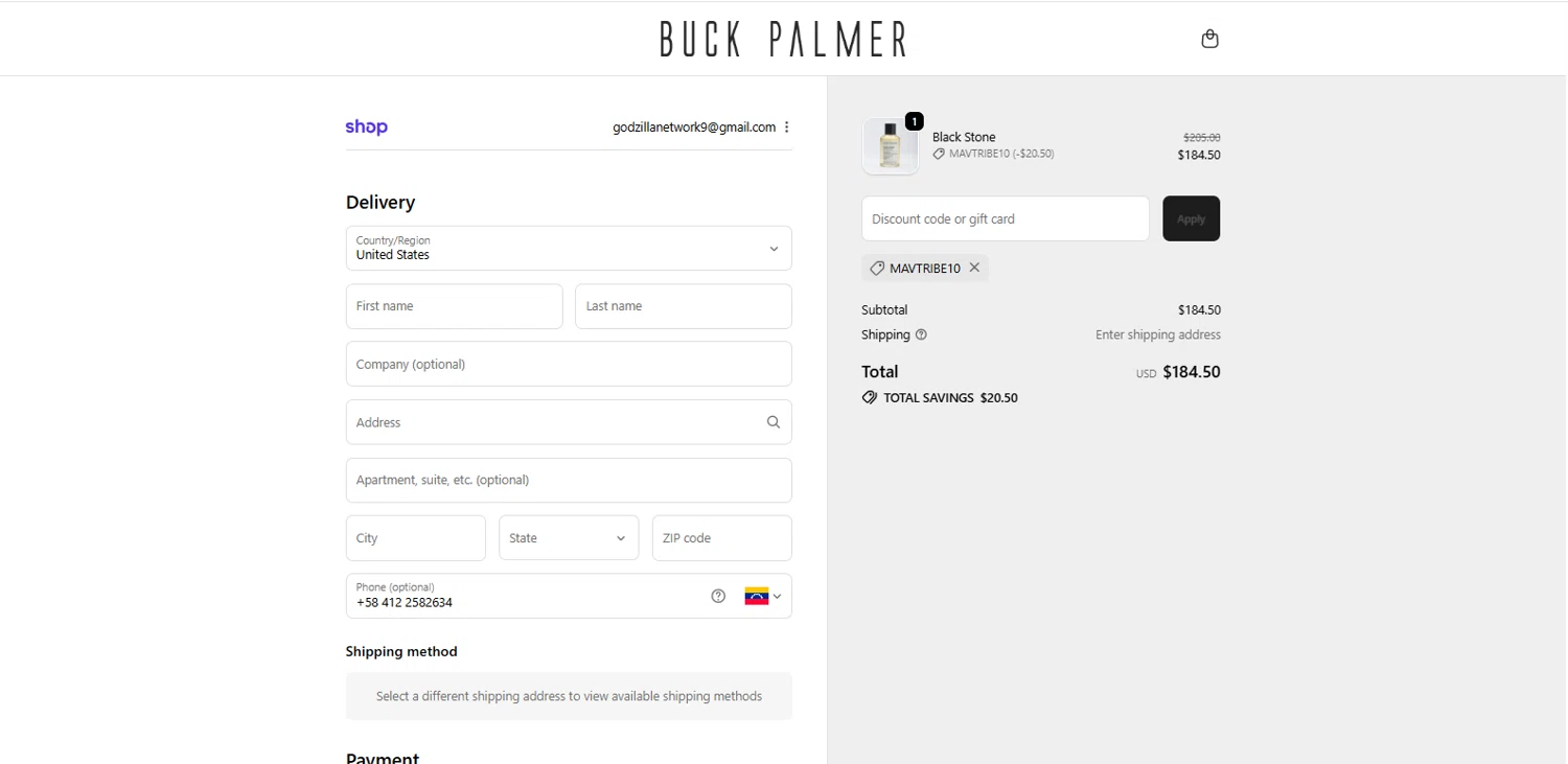 Buck Palmer Jewelry promo code screenshot showing code MAVTRIBE10 applied at Buck Palmer Jewelry checkout page. Uploaded by SimplyCodes community member dimitriv on Dec 9, 2025