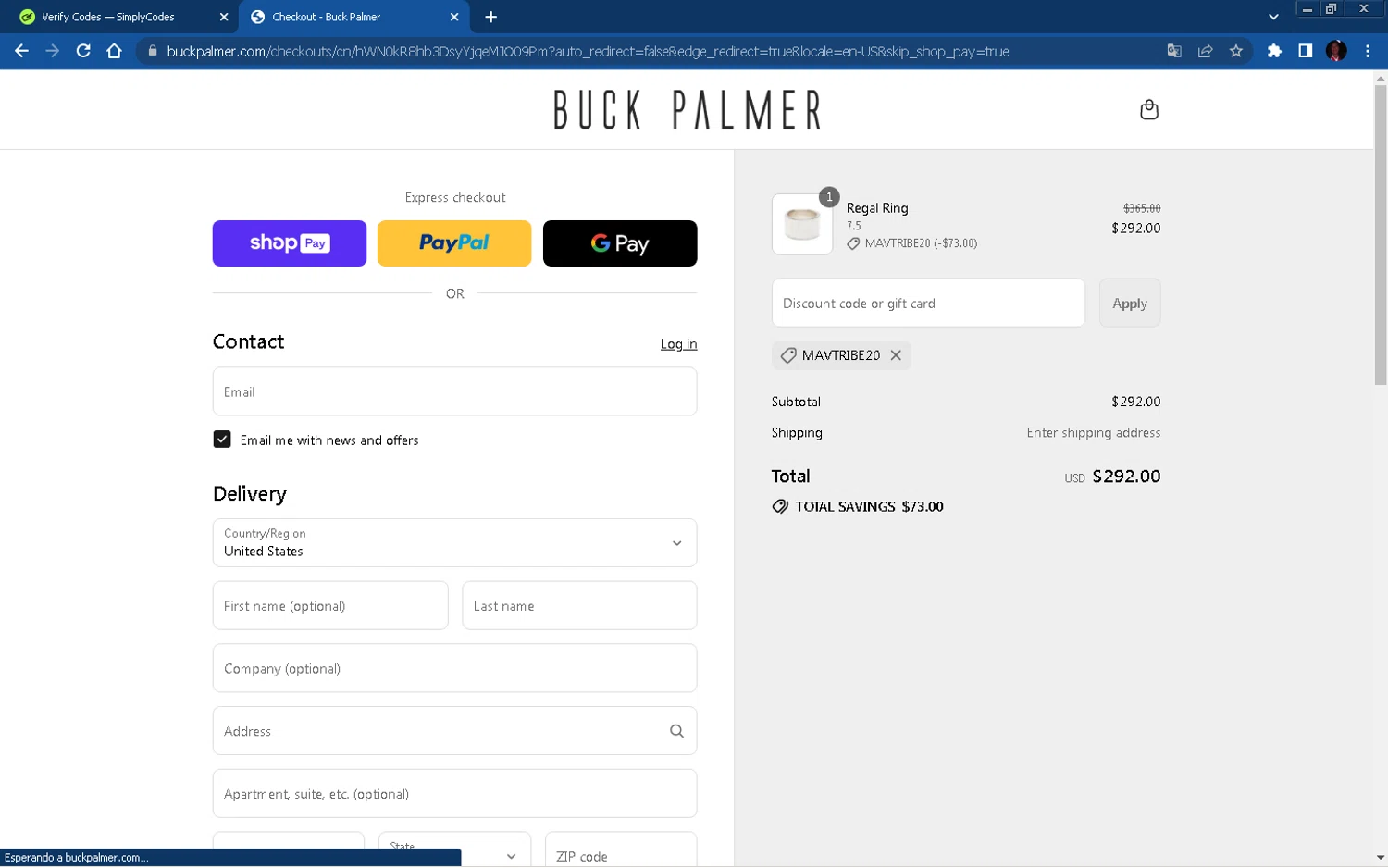 Buck Palmer Jewelry promo code screenshot showing code MAVTRIBE20 applied at Buck Palmer Jewelry checkout page. Uploaded by SimplyCodes community member Allen_Iverson on Jul 18, 2025