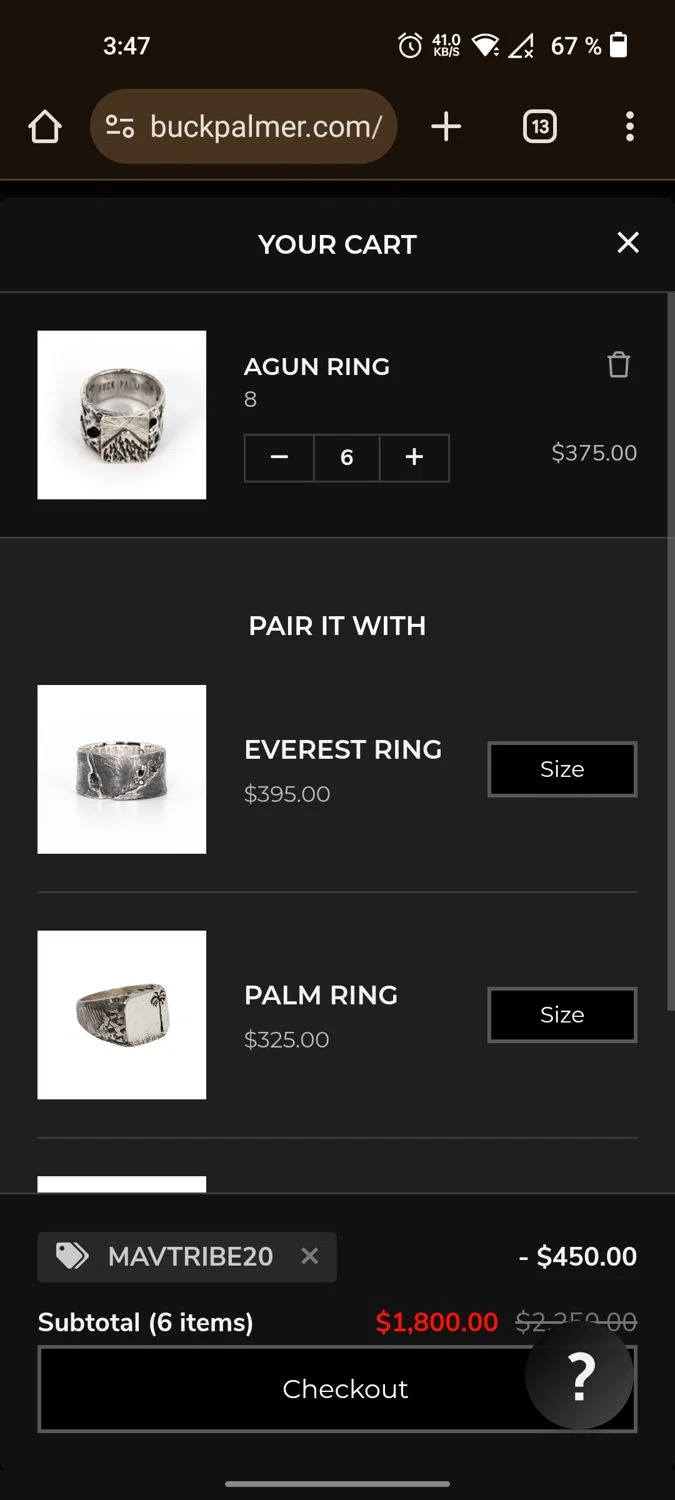 Buck Palmer Jewelry promo code screenshot showing code MAVTRIBE20 applied at Buck Palmer Jewelry checkout page. Uploaded by SimplyCodes community member KarlLM on Feb 19, 2025
