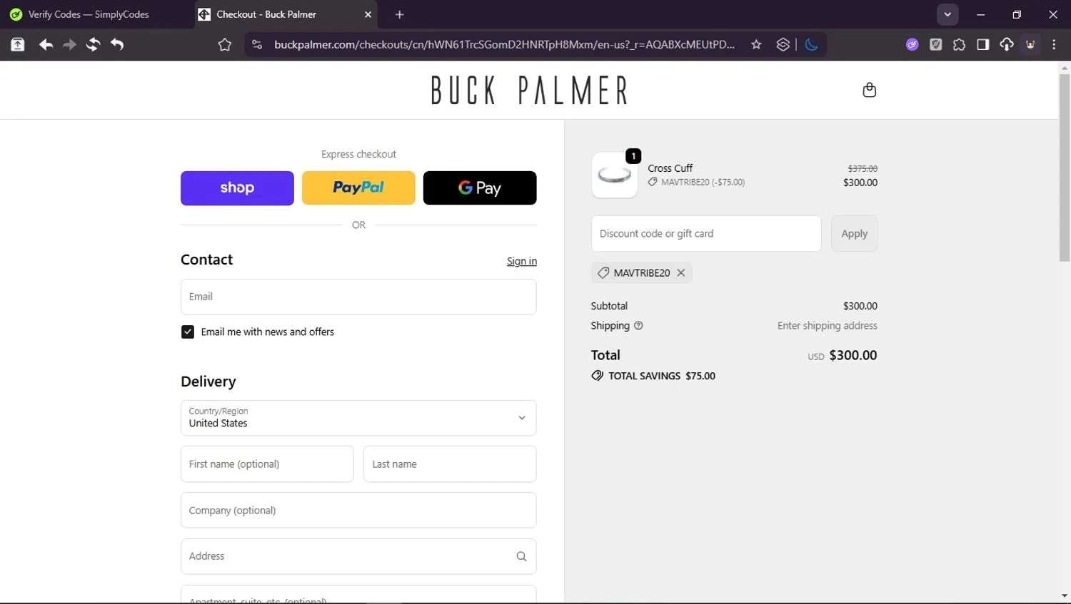 Buck Palmer Jewelry promo code screenshot showing code MAVTRIBE20 applied at Buck Palmer Jewelry checkout page. Uploaded by SimplyCodes community member Userr2 on Dec 4, 2025