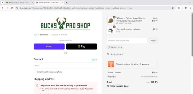 Bucks Pro Shop checkout page showing Bucks Pro Shop discount code box | Screenshot taken by SimplyCodes community member on Sep 9, 2025