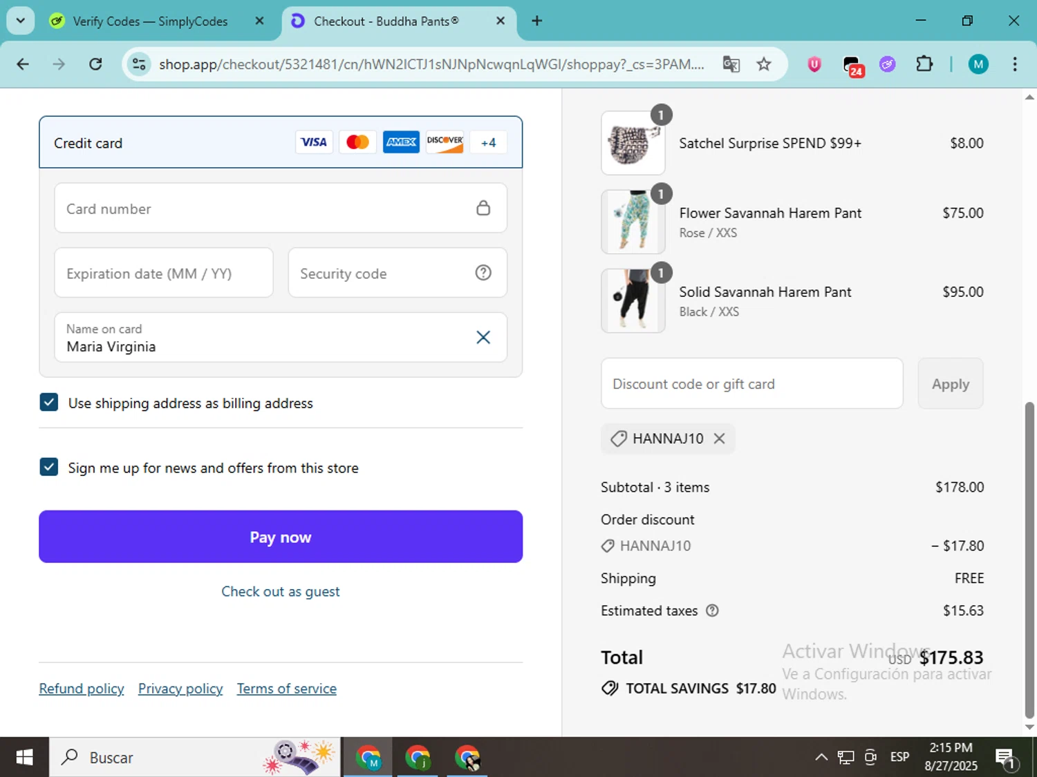 Buddha Pants promo code screenshot showing code HANNAJ10 applied at Buddha Pants checkout page. Uploaded by SimplyCodes community member estrellaveloz on Aug 27, 2025
