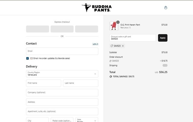 Buddha Pants checkout page showing Buddha Pants promo code box | Screenshot taken by SimplyCodes community member on Aug 27, 2025