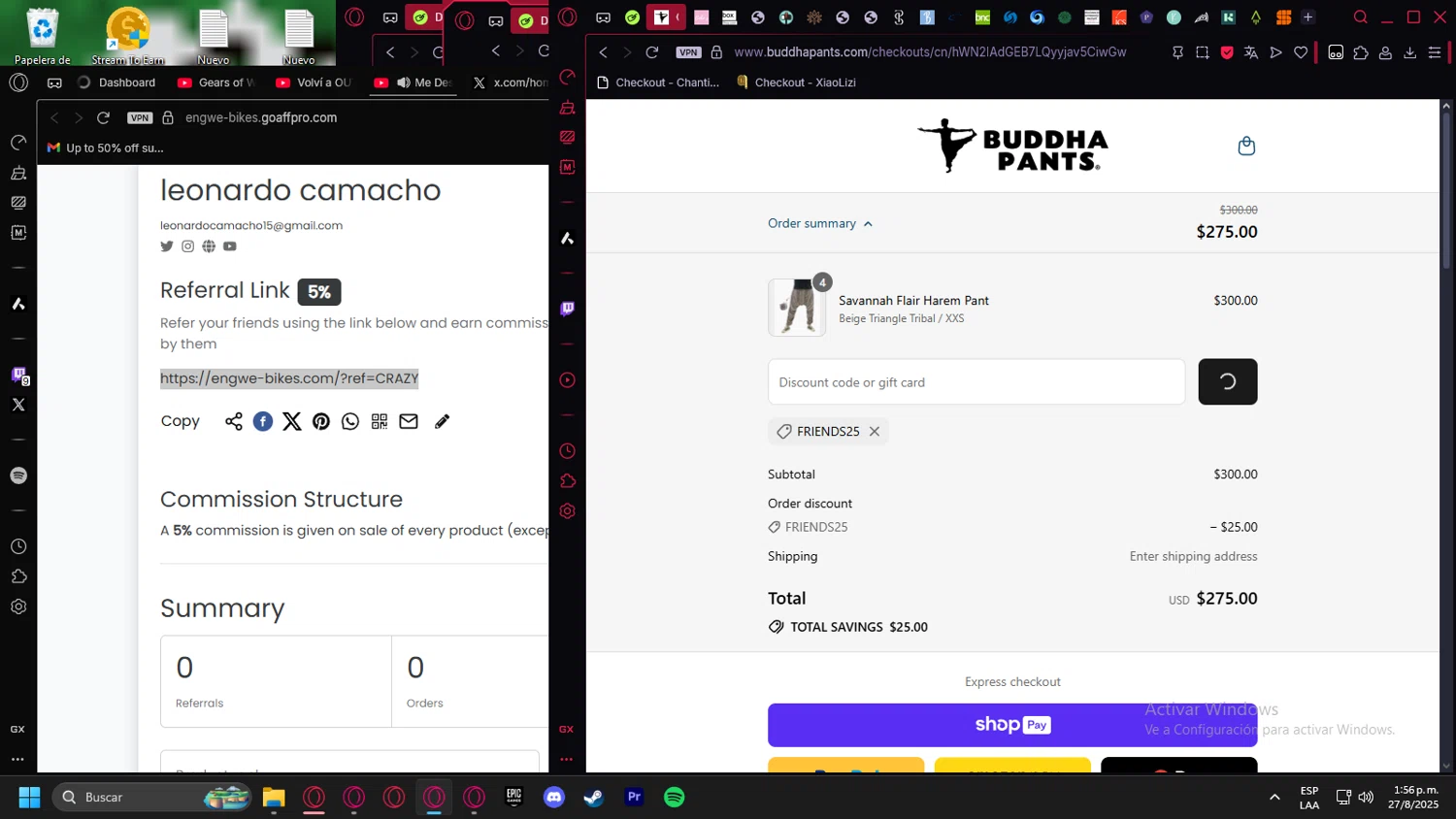 Buddha Pants promo code screenshot showing code FRIENDS25 applied at Buddha Pants checkout page. Uploaded by SimplyCodes community member Halanweik on Aug 27, 2025