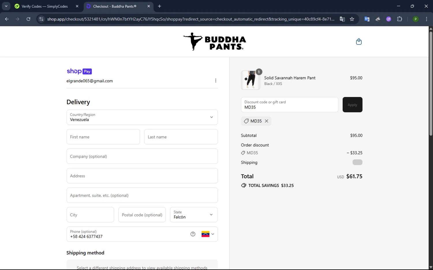 Buddha Pants promo code screenshot showing code MD35 applied at Buddha Pants checkout page. Uploaded by SimplyCodes community member WonderWarden4709 on Jul 19, 2025