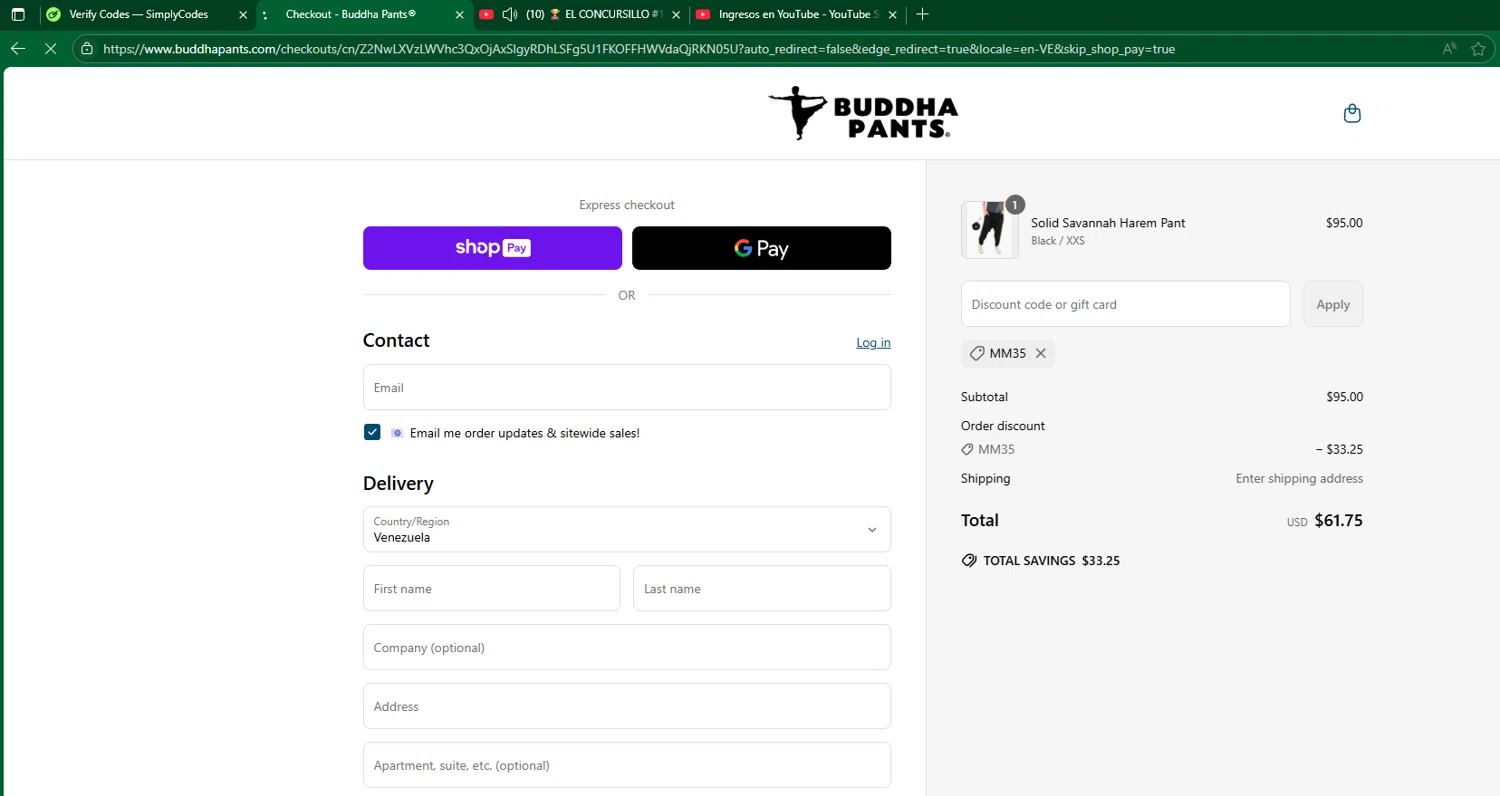 Buddha Pants promo code screenshot showing code MM35 applied at Buddha Pants checkout page. Uploaded by SimplyCodes community member chepipro on Jun 6, 2025