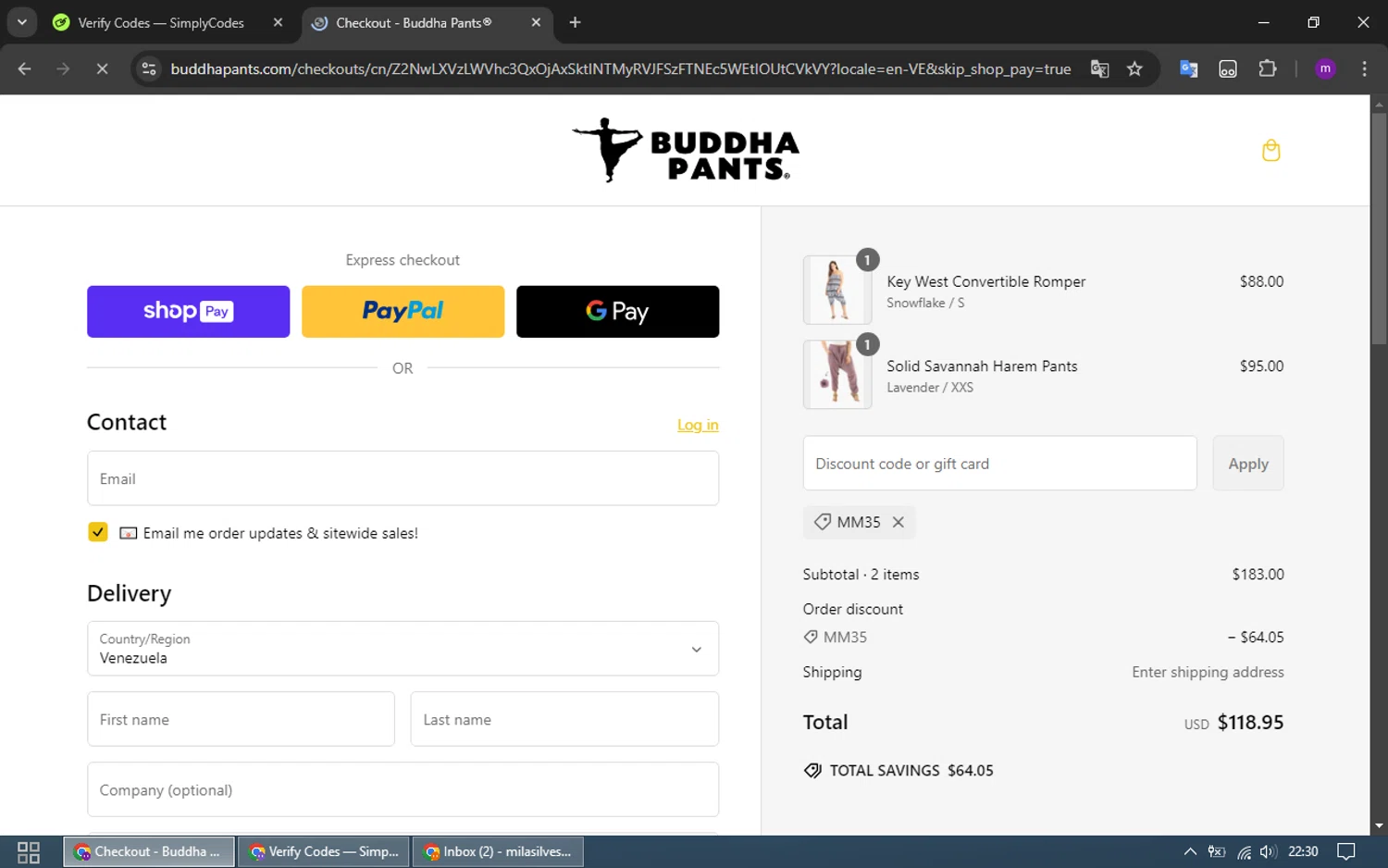 Buddha Pants promo code screenshot showing code MM35 applied at Buddha Pants checkout page. Uploaded by SimplyCodes community member CrownWizard4992 on Feb 7, 2025
