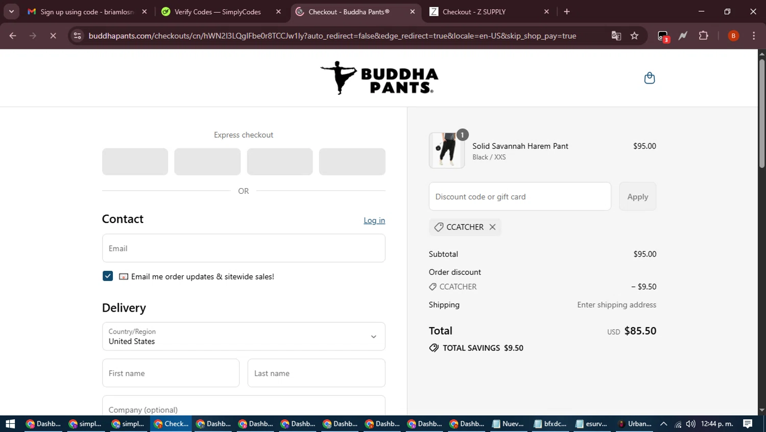 Buddha Pants promo code screenshot showing code CCATCHER applied at Buddha Pants checkout page. Uploaded by SimplyCodes community member DiscountExpert6435 on Aug 27, 2025