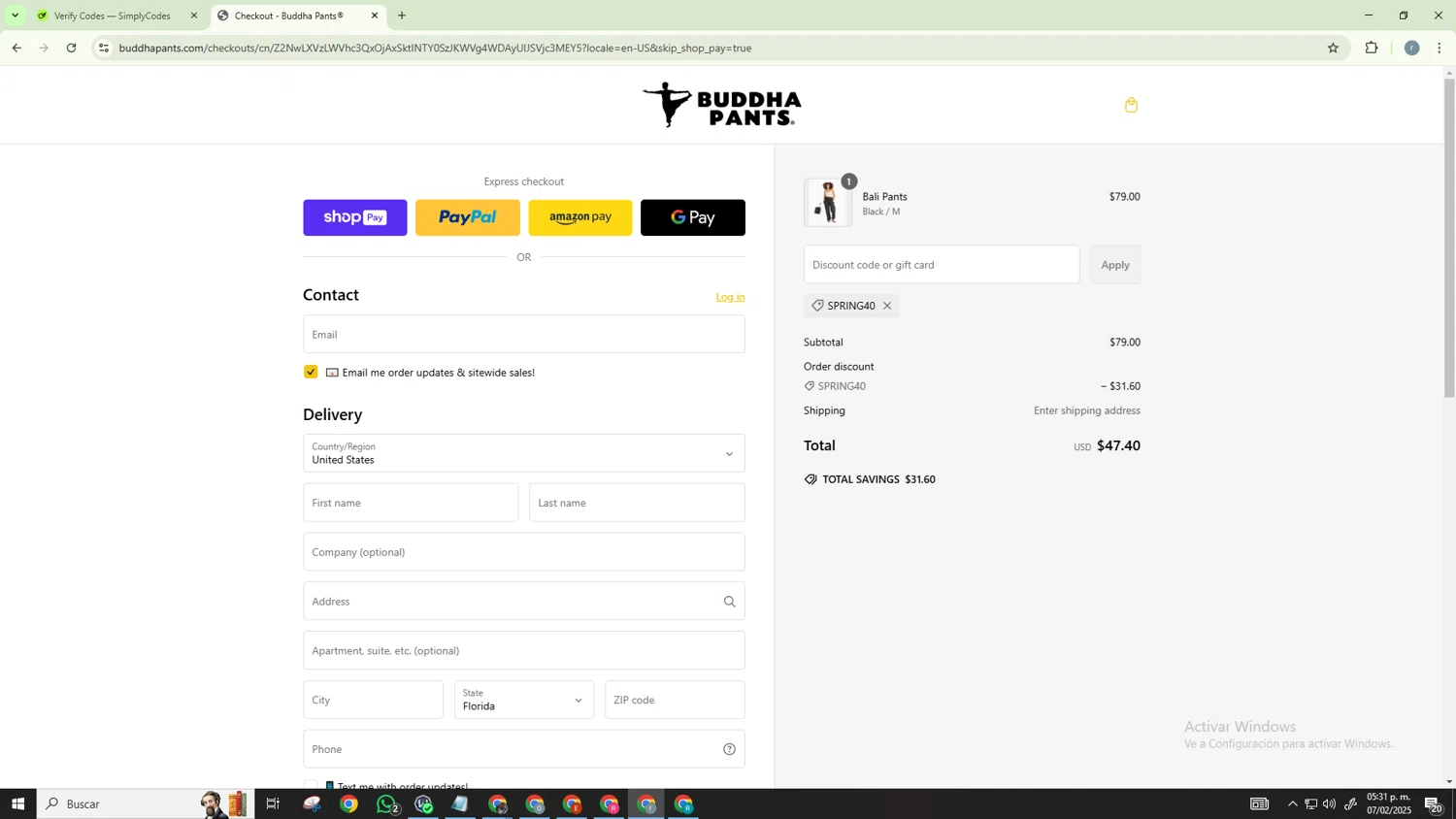Buddha Pants promo code screenshot showing code SPRING40 applied at Buddha Pants checkout page. Uploaded by SimplyCodes community member CashScholar6568 on Feb 7, 2025