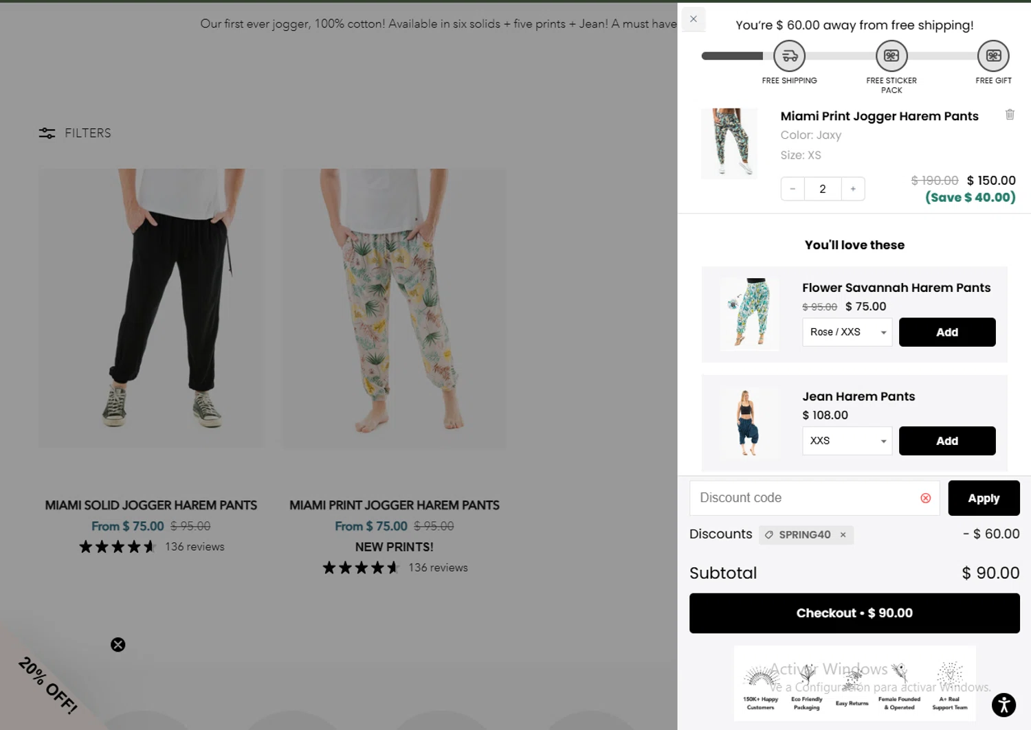 Buddha Pants promo code screenshot showing code SPRING40 applied at Buddha Pants checkout page. Uploaded by SimplyCodes community member RewardPhoenix3732 on Apr 6, 2025