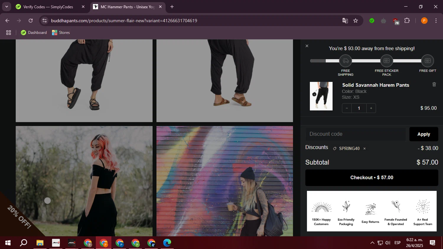 Buddha Pants promo code screenshot showing code SPRING40 applied at Buddha Pants checkout page. Uploaded by SimplyCodes community member ValiantLegend7294 on Apr 26, 2025