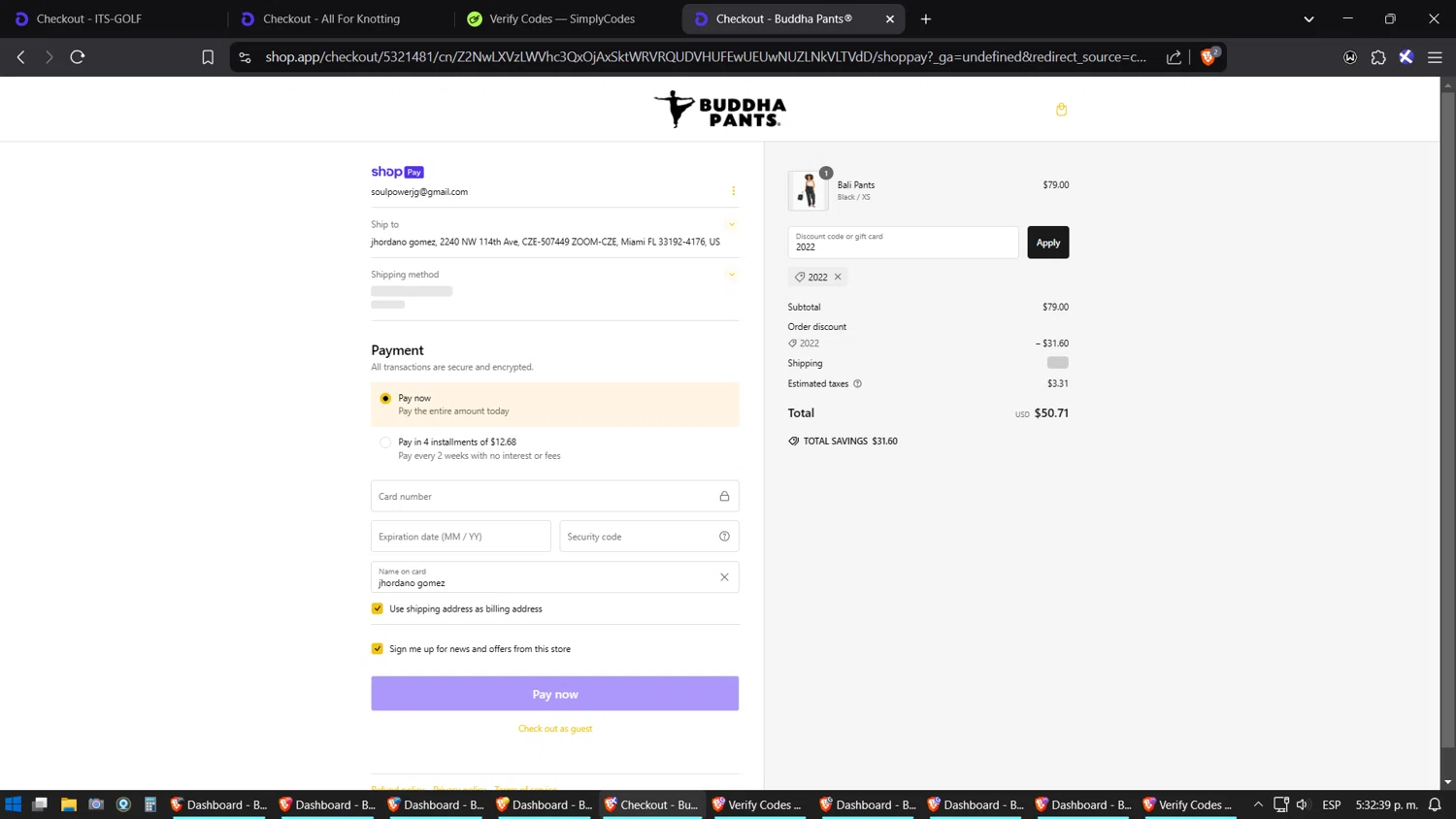 Buddha Pants promo code screenshot showing code 2022 applied at Buddha Pants checkout page. Uploaded by SimplyCodes community member SoulPower on Feb 11, 2025