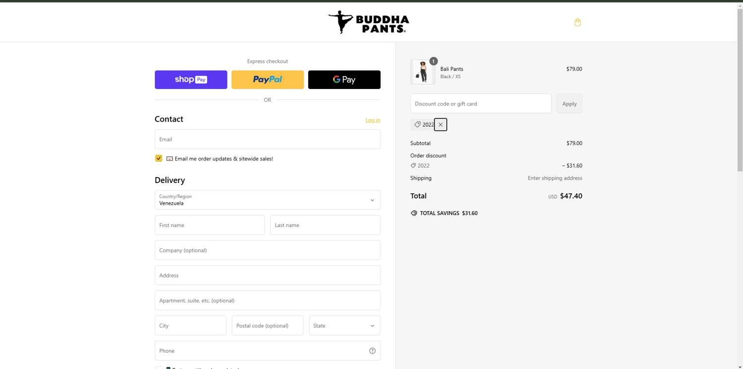 Buddha Pants promo code screenshot showing code 2022 applied at Buddha Pants checkout page. Uploaded by SimplyCodes community member melano on Feb 16, 2025