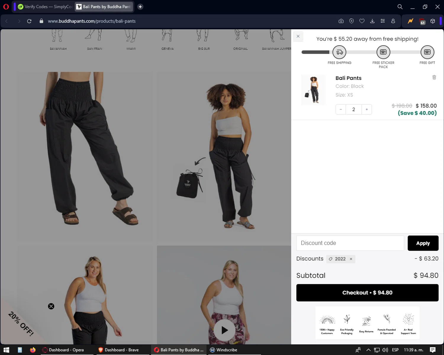 Buddha Pants promo code screenshot showing code 2022 applied at Buddha Pants checkout page. Uploaded by SimplyCodes community member yonaiker on Apr 6, 2025