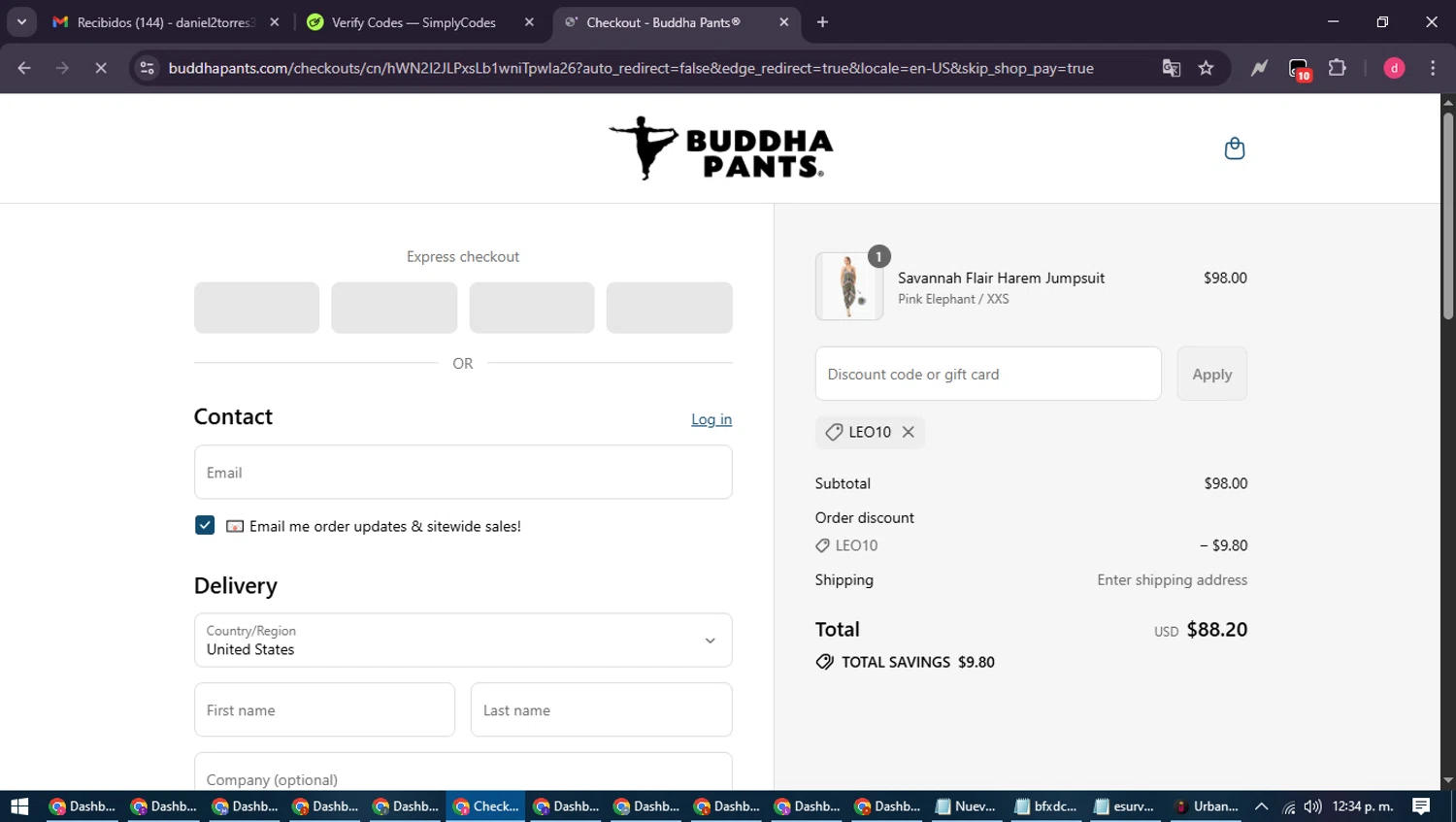 Buddha Pants promo code screenshot showing code LEO10 applied at Buddha Pants checkout page. Uploaded by SimplyCodes community member MagnificentSpotter4236 on Aug 27, 2025