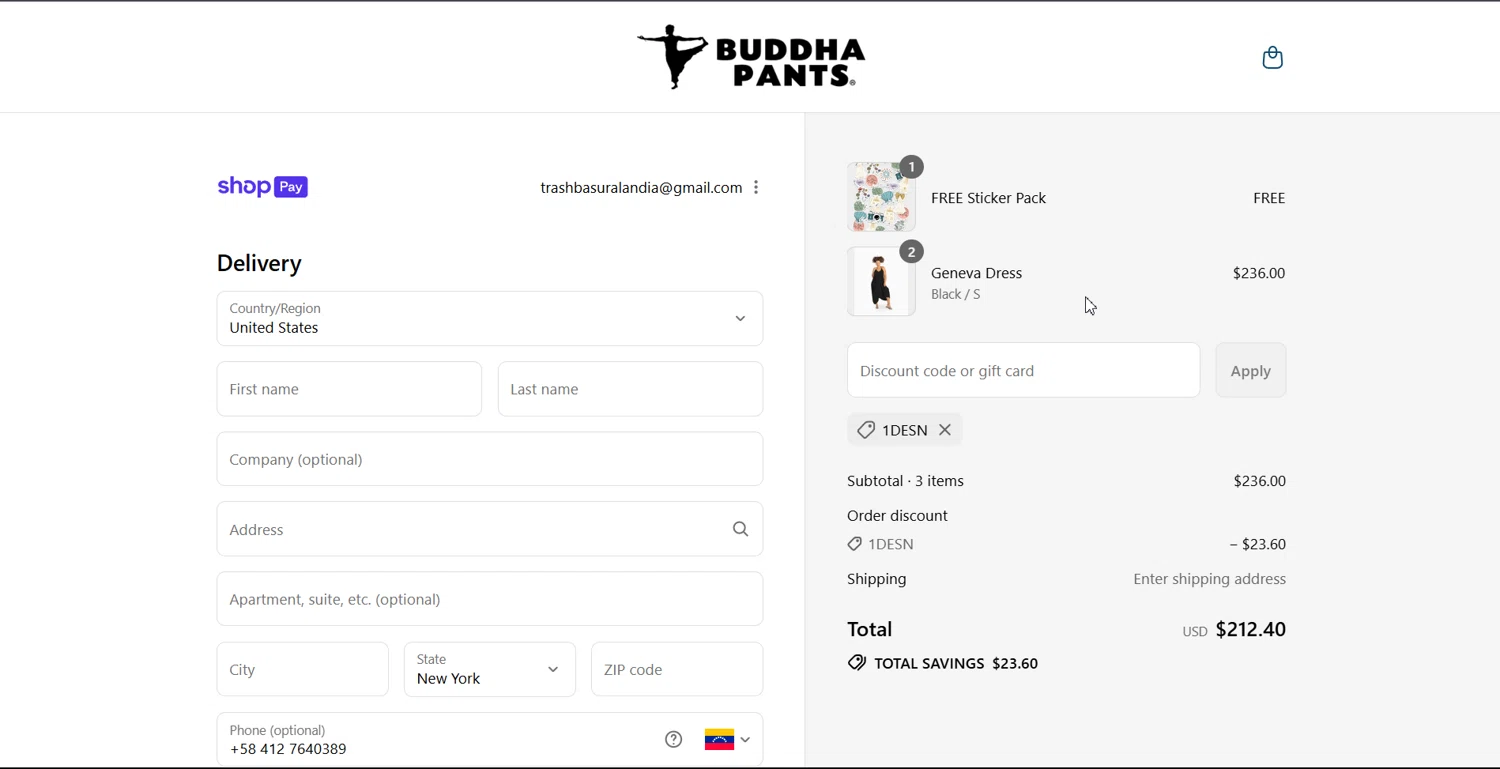 Buddha Pants promo code screenshot showing code 1DESN applied at Buddha Pants checkout page. Uploaded by SimplyCodes community member ArthurMorgan on Jul 23, 2025