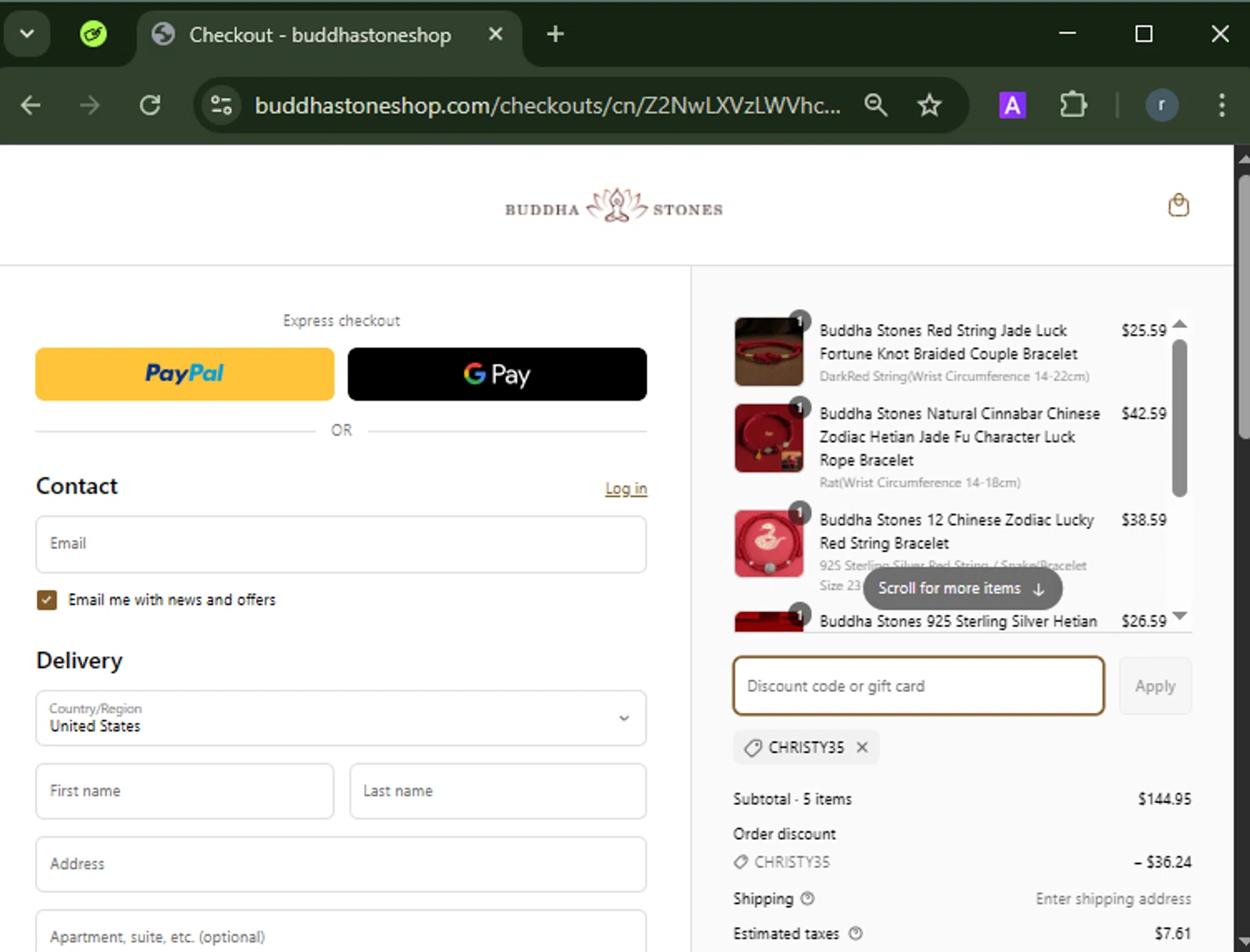 Buddha Stones coupon code screenshot showing code Christy35 applied at Buddha Stones checkout page. Uploaded by SimplyCodes community member RamonAlexander on Apr 14, 2025