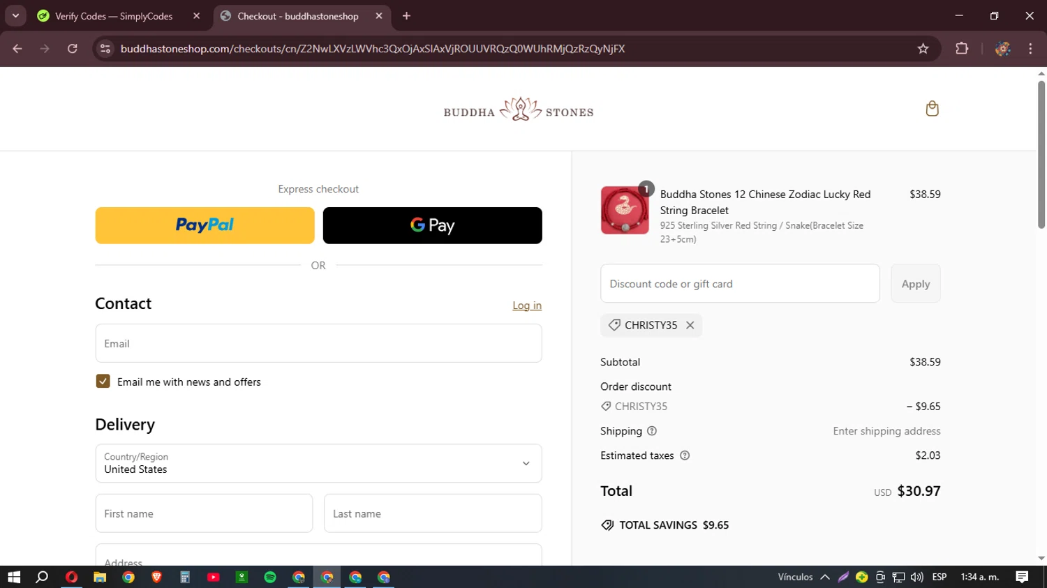Buddha Stones coupon code screenshot showing code Christy35 applied at Buddha Stones checkout page. Uploaded by SimplyCodes community member BudgetHunter9184 on Mar 11, 2025