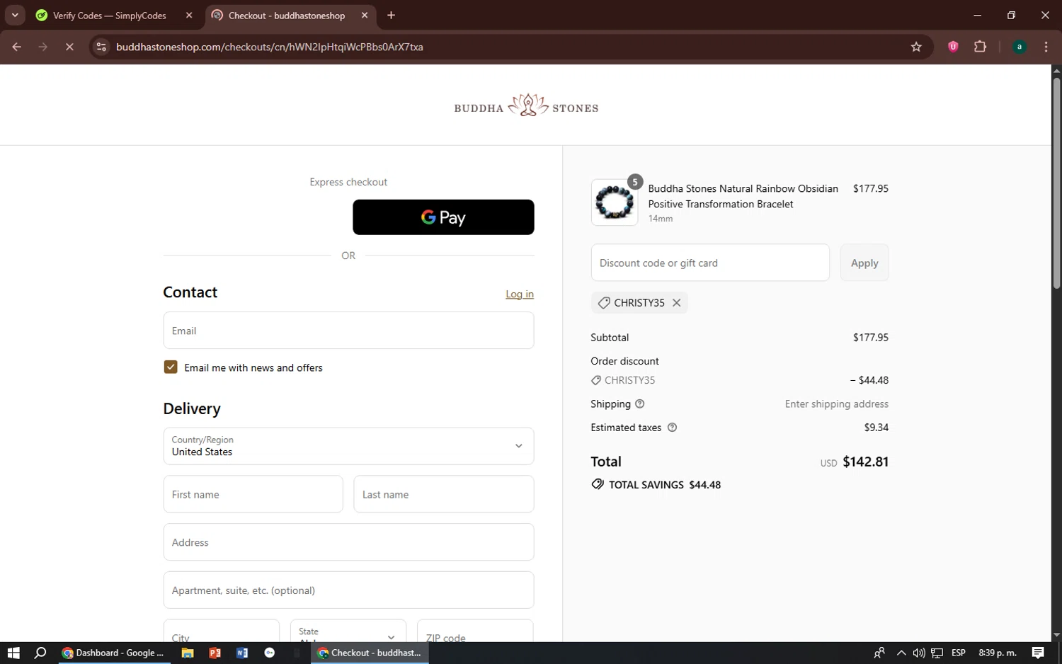 Buddha Stones coupon code screenshot showing code Christy35 applied at Buddha Stones checkout page. Uploaded by SimplyCodes community member zizu55 on Aug 28, 2025