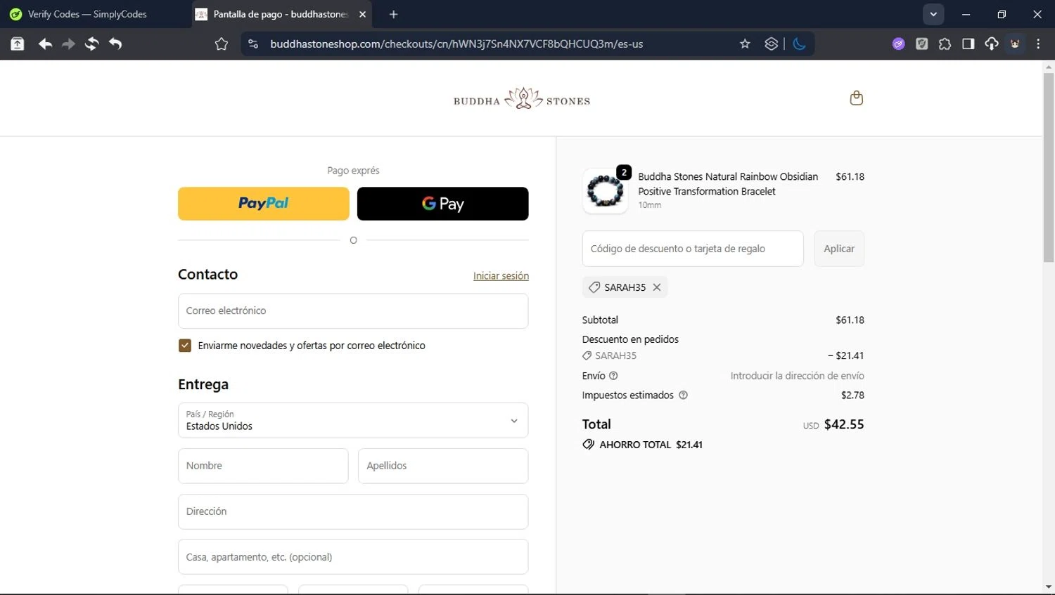 Buddha Stones coupon code screenshot showing code SARAH35 applied at Buddha Stones checkout page. Uploaded by SimplyCodes community member ValiantHunter5929 on Oct 4, 2025