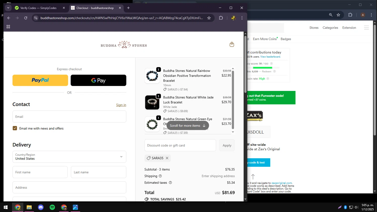Buddha Stones coupon code screenshot showing code SARA35 applied at Buddha Stones checkout page. Uploaded by SimplyCodes community member CrownCollector9208 on Dec 1, 2025