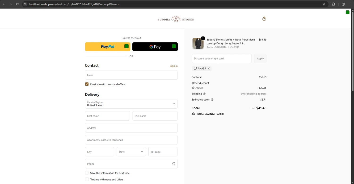 Buddha Stones coupon code screenshot showing code ANA35 applied at Buddha Stones checkout page. Uploaded by SimplyCodes community member Aljondris97 on Sep 30, 2025