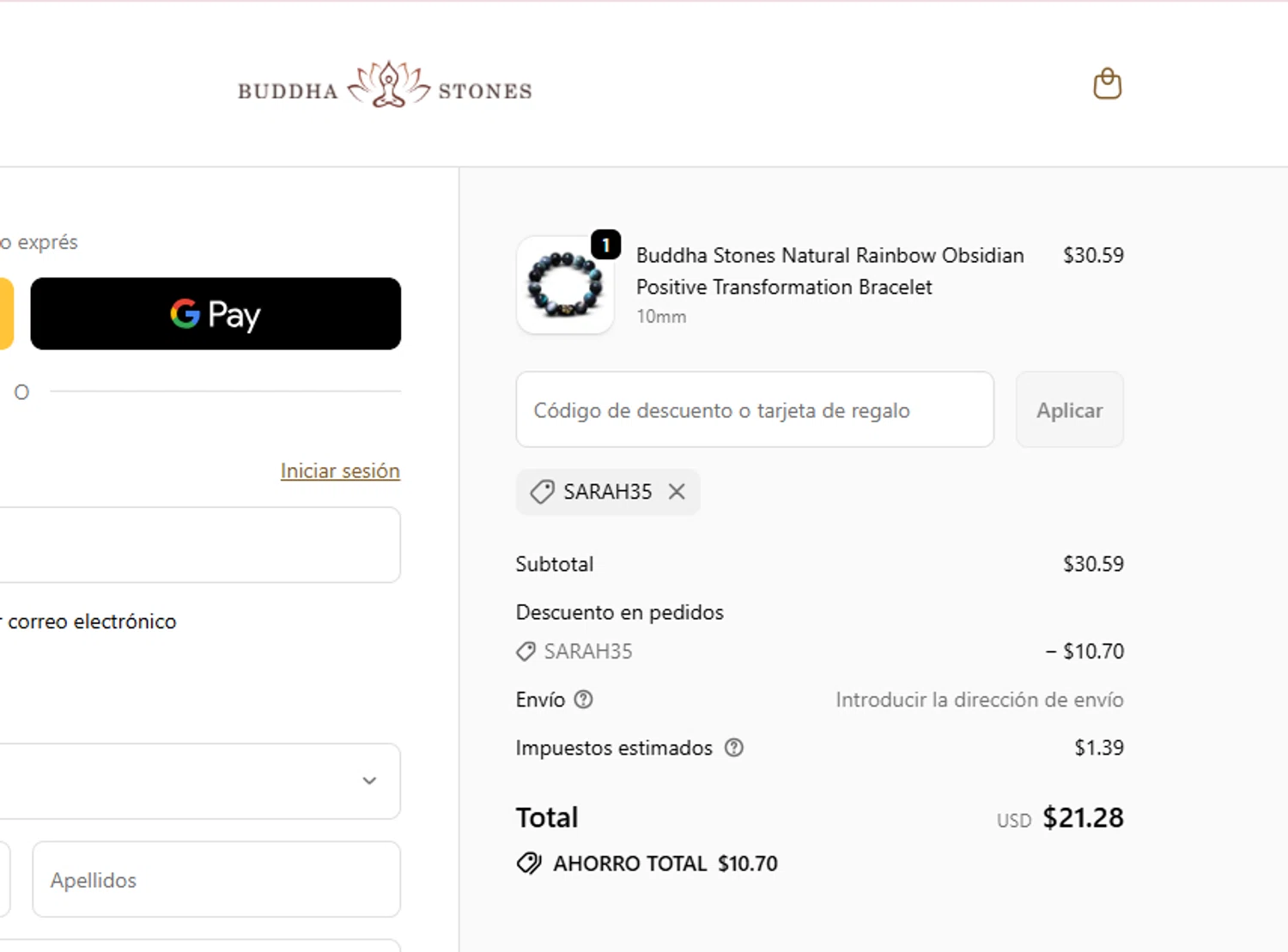 Buddha Stones coupon code screenshot showing code SARAH35 applied at Buddha Stones checkout page. Uploaded by SimplyCodes community member Mileidy on Sep 17, 2025