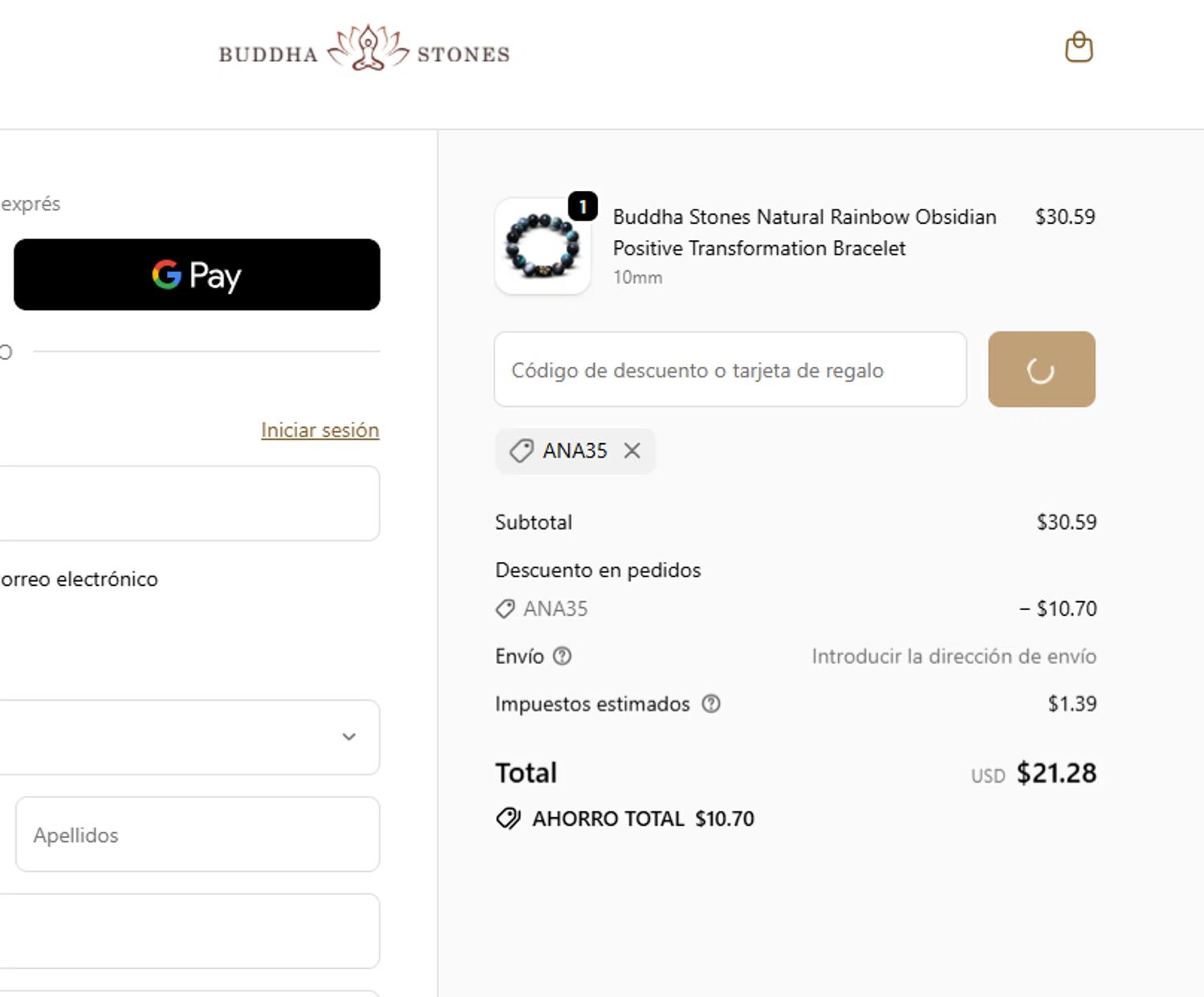 Buddha Stones coupon code screenshot showing code ANA35 applied at Buddha Stones checkout page. Uploaded by SimplyCodes community member Mileidy on Sep 17, 2025