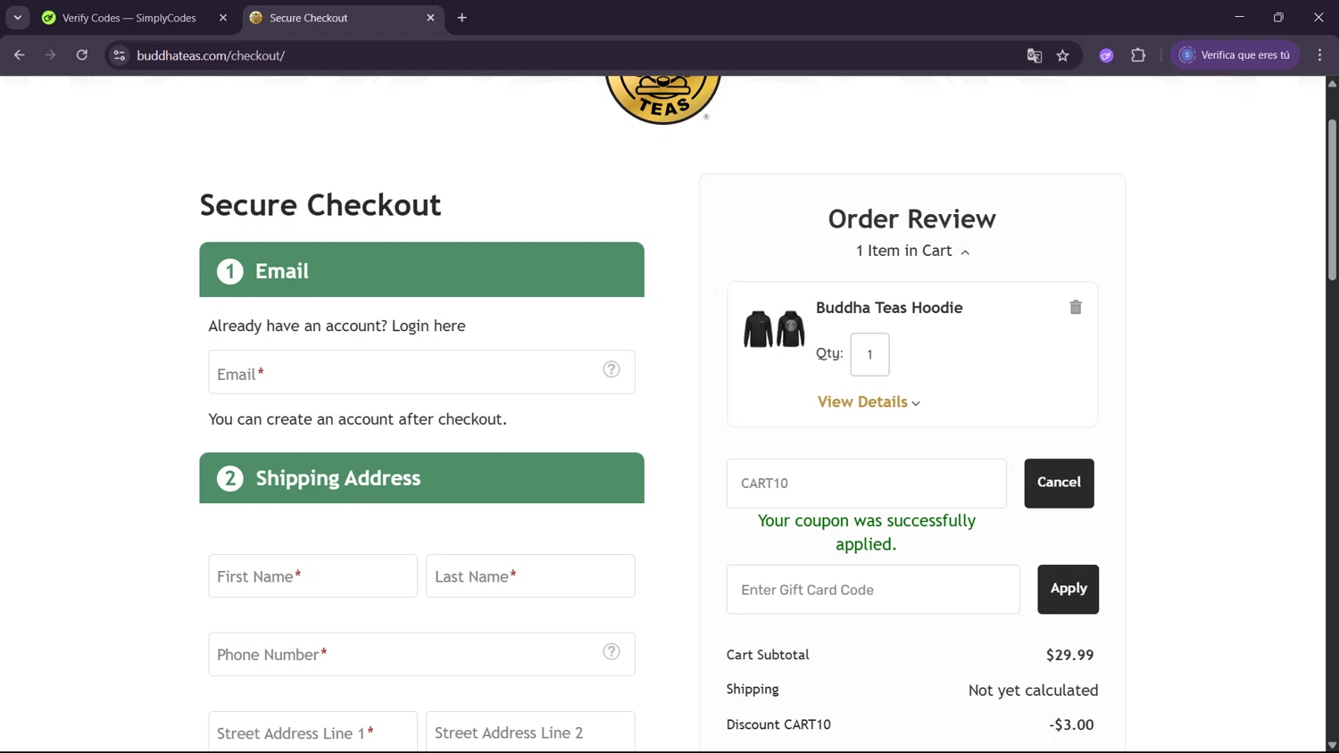Buddha Teas checkout page showing Buddha Teas coupon code box | Screenshot taken by SimplyCodes community member on May 4, 2025