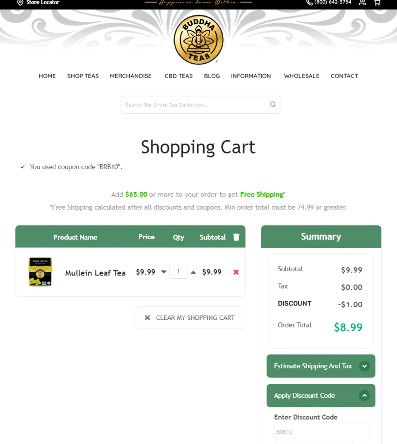 Buddha Teas checkout page showing Buddha Teas coupon code box | Screenshot taken by SimplyCodes community member on Jul 22, 2024