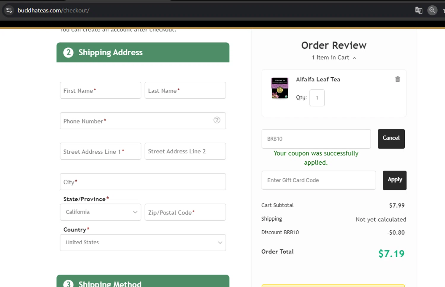 Buddha Teas checkout page showing Buddha Teas coupon code box | Screenshot taken by SimplyCodes community member on Aug 20, 2024