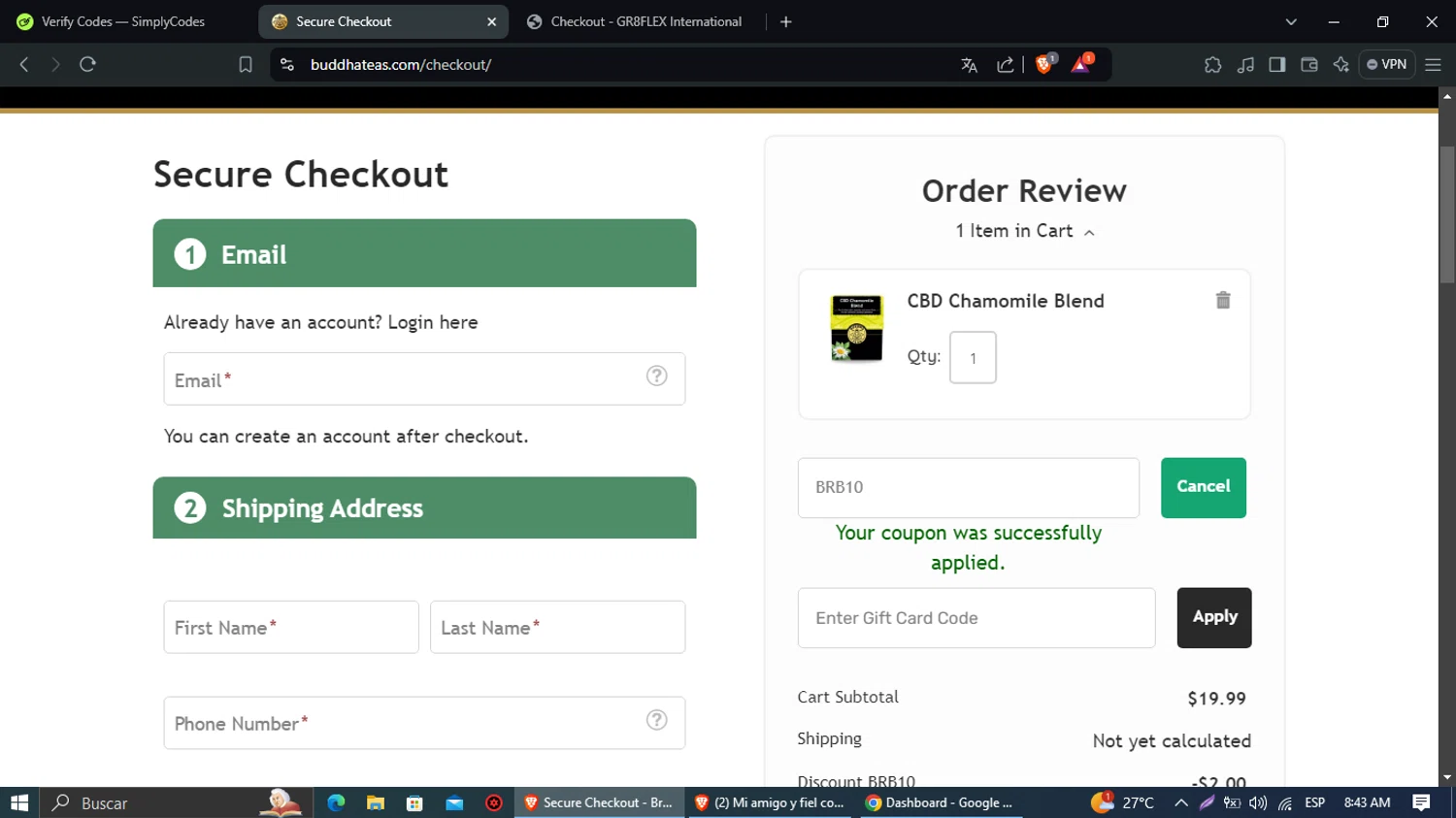 Buddha Teas checkout page showing Buddha Teas coupon code box | Screenshot taken by SimplyCodes community member on Sep 18, 2024