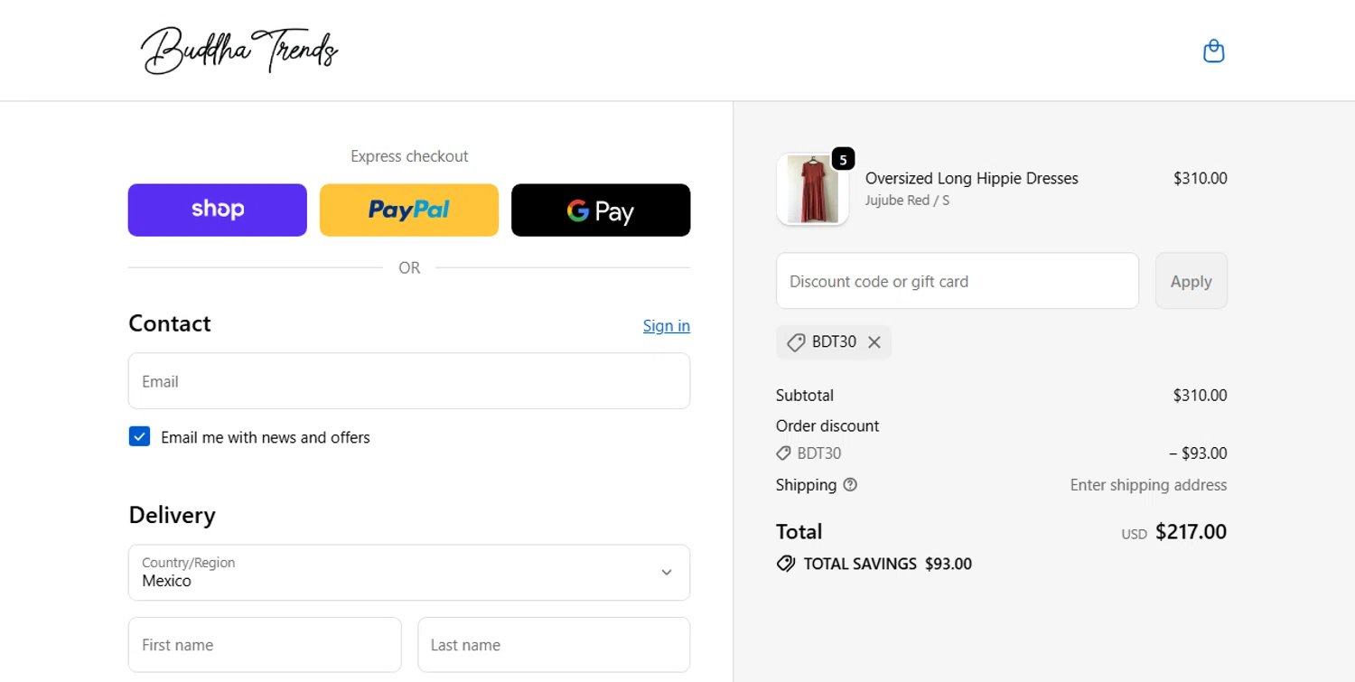 Buddha Trends discount code screenshot showing code BDT30 applied at Buddha Trends checkout page. Uploaded by SimplyCodes community member Depresiva on Nov 2, 2025