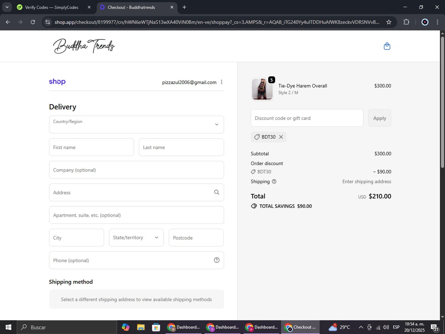 Buddha Trends discount code screenshot showing code BDT30 applied at Buddha Trends checkout page. Uploaded by SimplyCodes community member RoyalBoss4384 on Dec 20, 2025