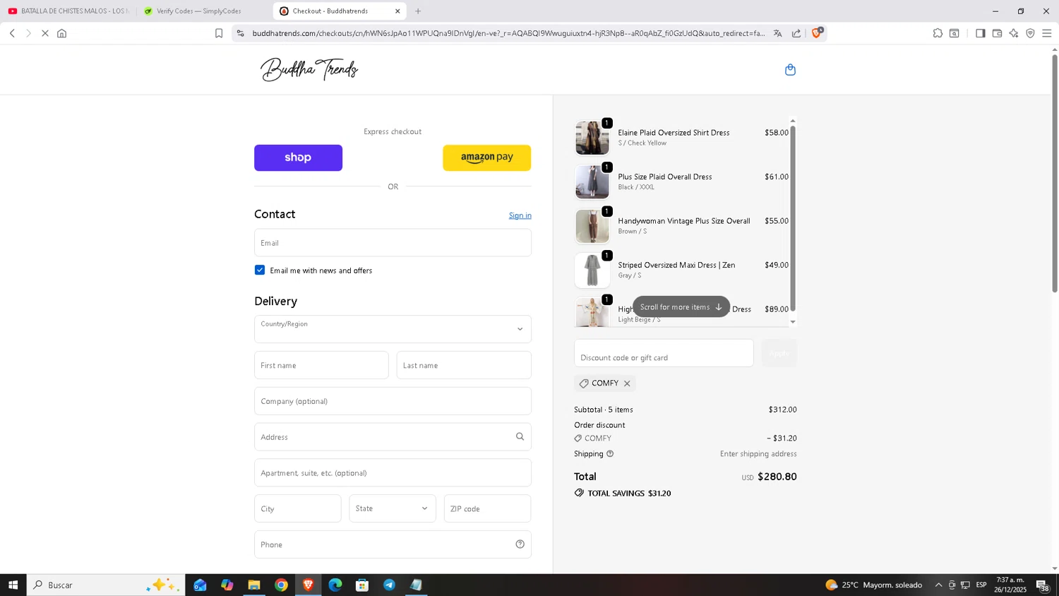 Buddha Trends discount code screenshot showing code COMFY applied at Buddha Trends checkout page. Uploaded by SimplyCodes community member Carloscoder_900457733 on Dec 26, 2025