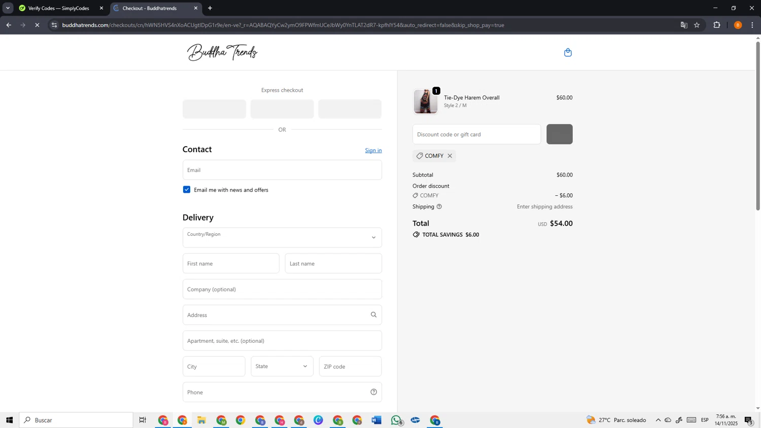 Buddha Trends discount code screenshot showing code COMFY applied at Buddha Trends checkout page. Uploaded by SimplyCodes community member VoucherSage2253 on Nov 14, 2025